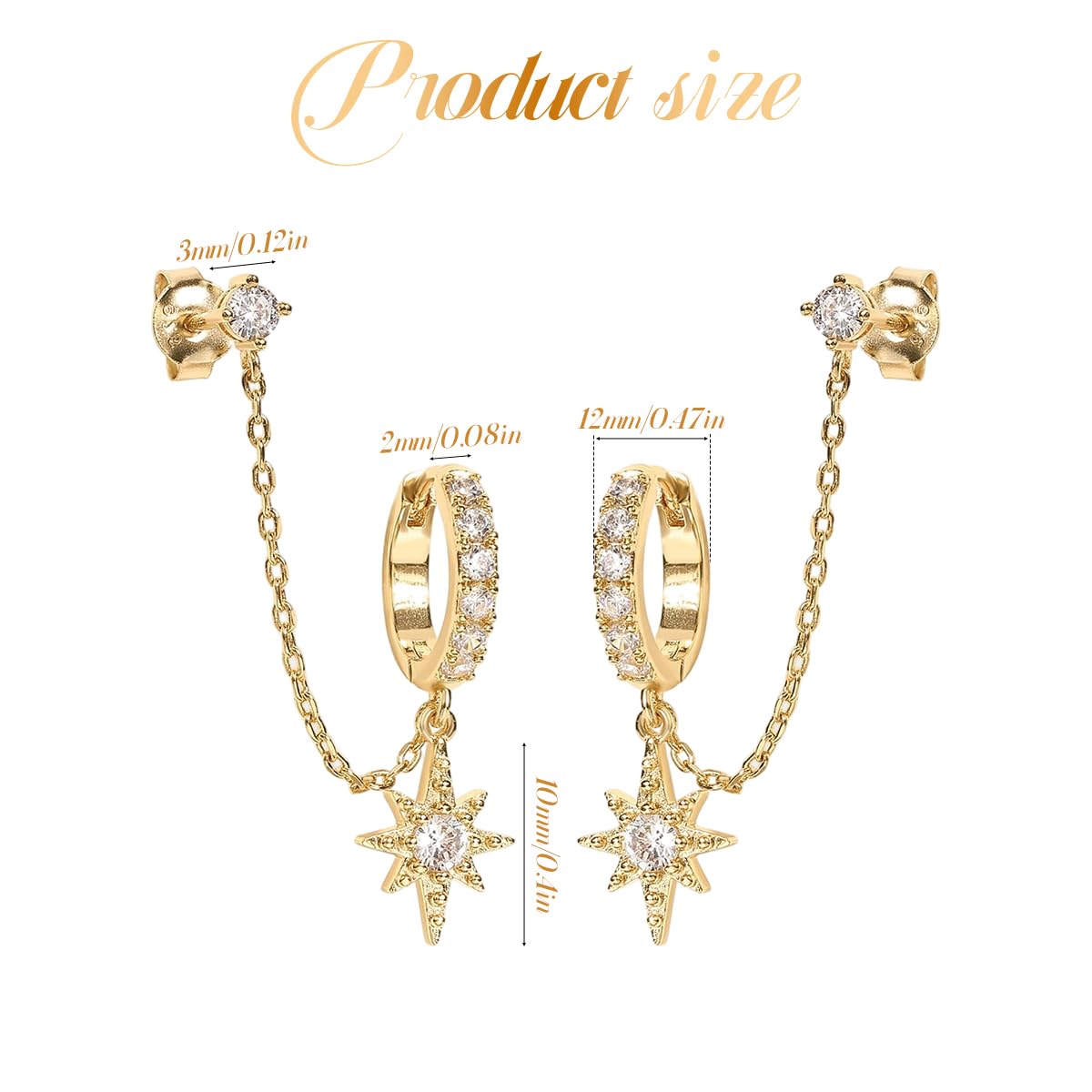 SANNIDHI® Earrings for Woman Gold Star Rhinestones Earring Double Piercing Dangle Chain Hoop Earrings Sparkling Stones Pendant Studs for Women