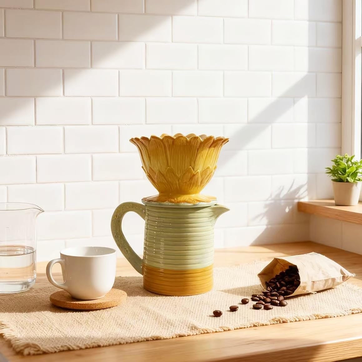 Ceramic Hand-painted Yellow Sunflower Pour Over Coffee Dripper and Coffee Pot Set, Manual Brew Maker