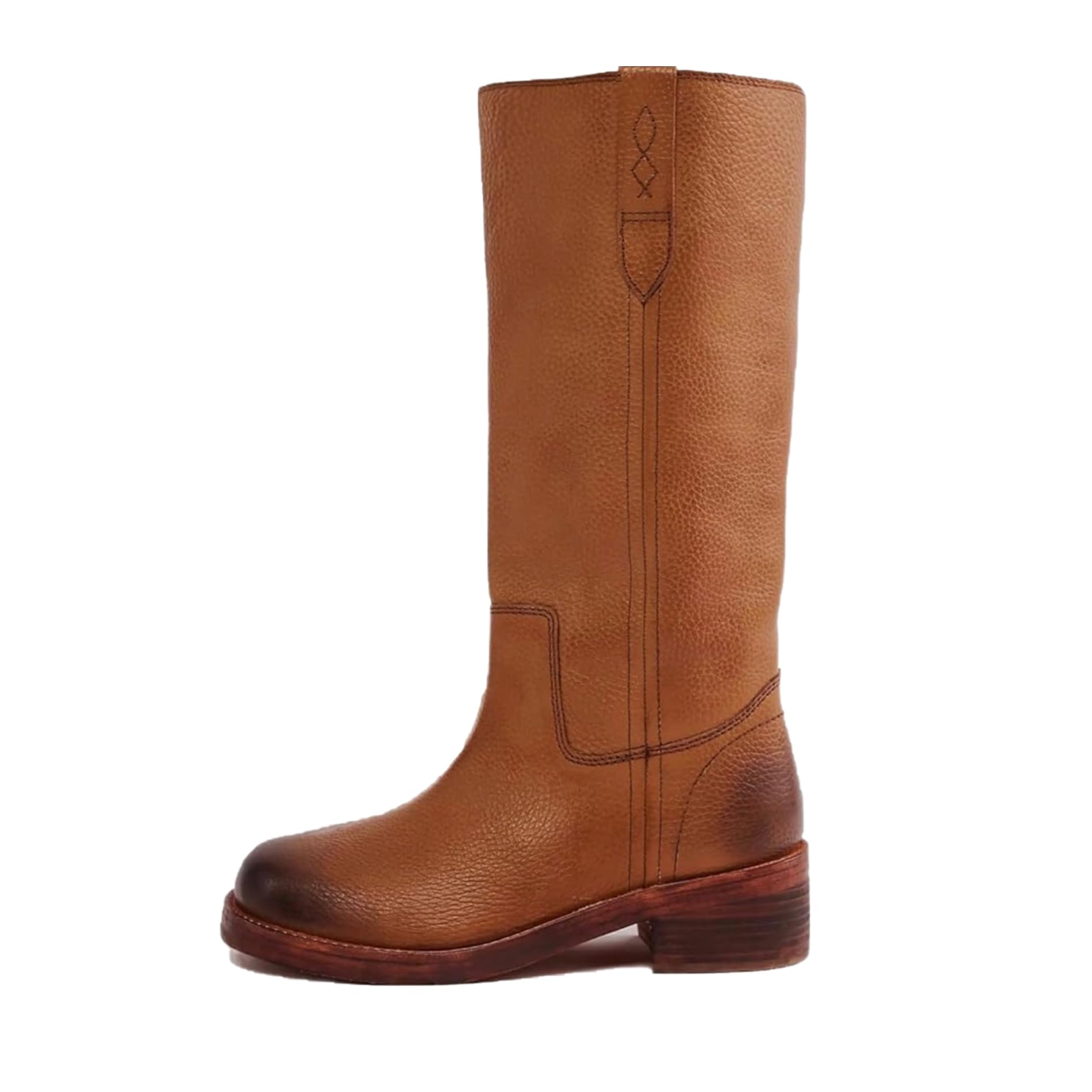 Mid Calf Boots for Women Chunky Block Heel Pull On Boots Round Toe Low Heel Trendy Stylish Riding