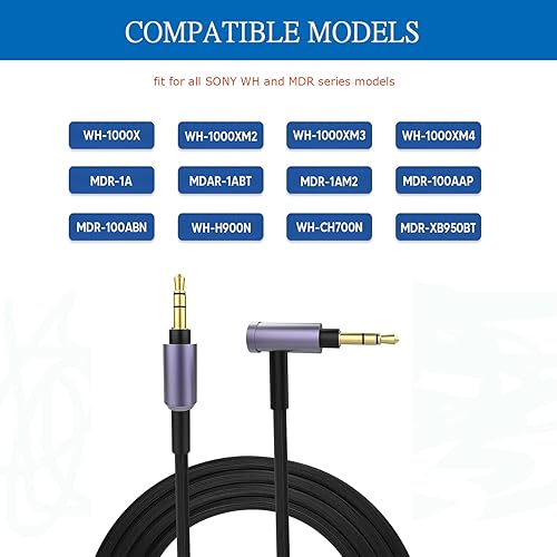 Vista 11 de WH-1000XM3 Cable de audio para auriculares con micrófono compatible con Sony MDR-1000X WH-1000XM4 WH-1000XM5 WH-1000XM6 MDR-XB950BT WH-CH700N