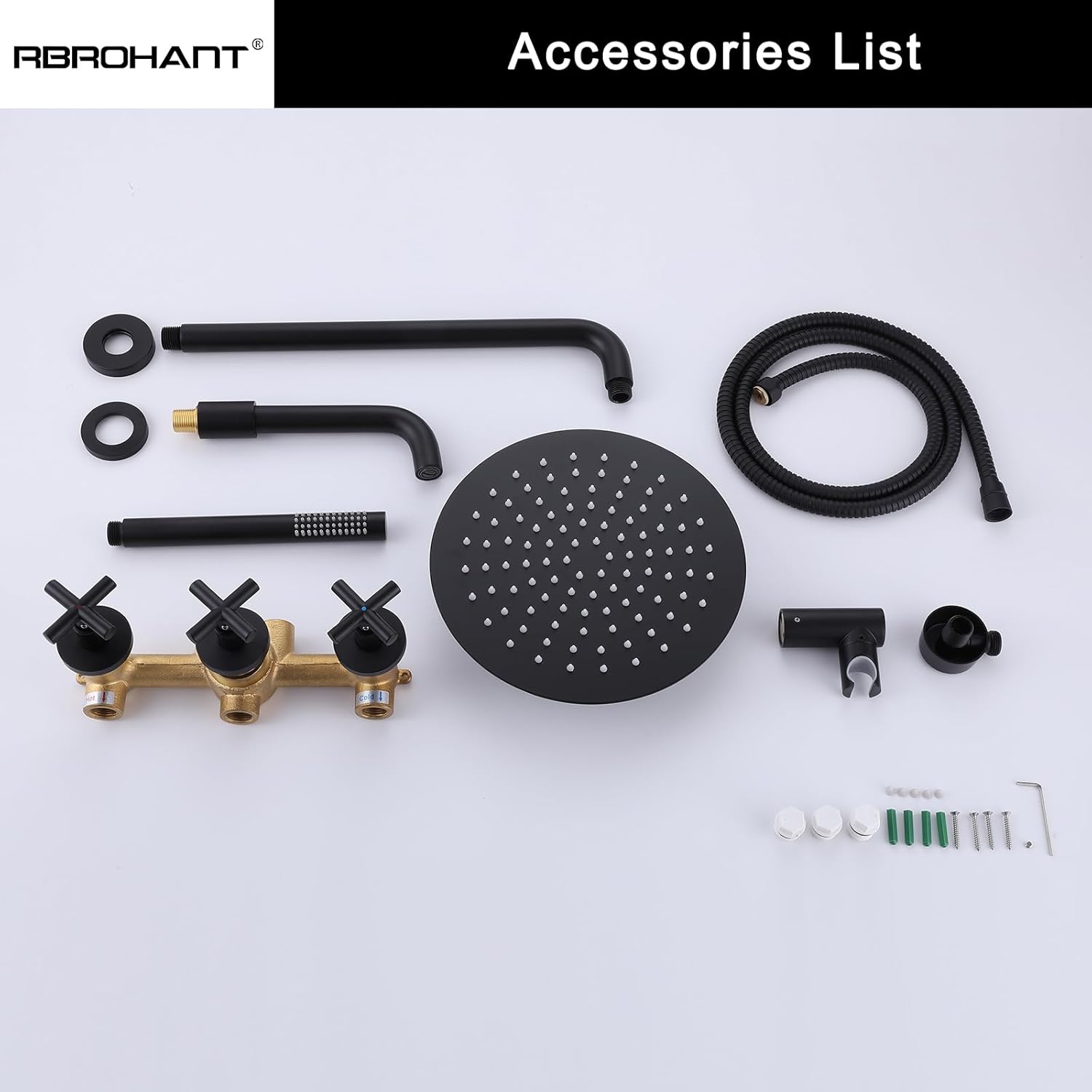 All components of the RBROHANT Matte Black Shower System laid out