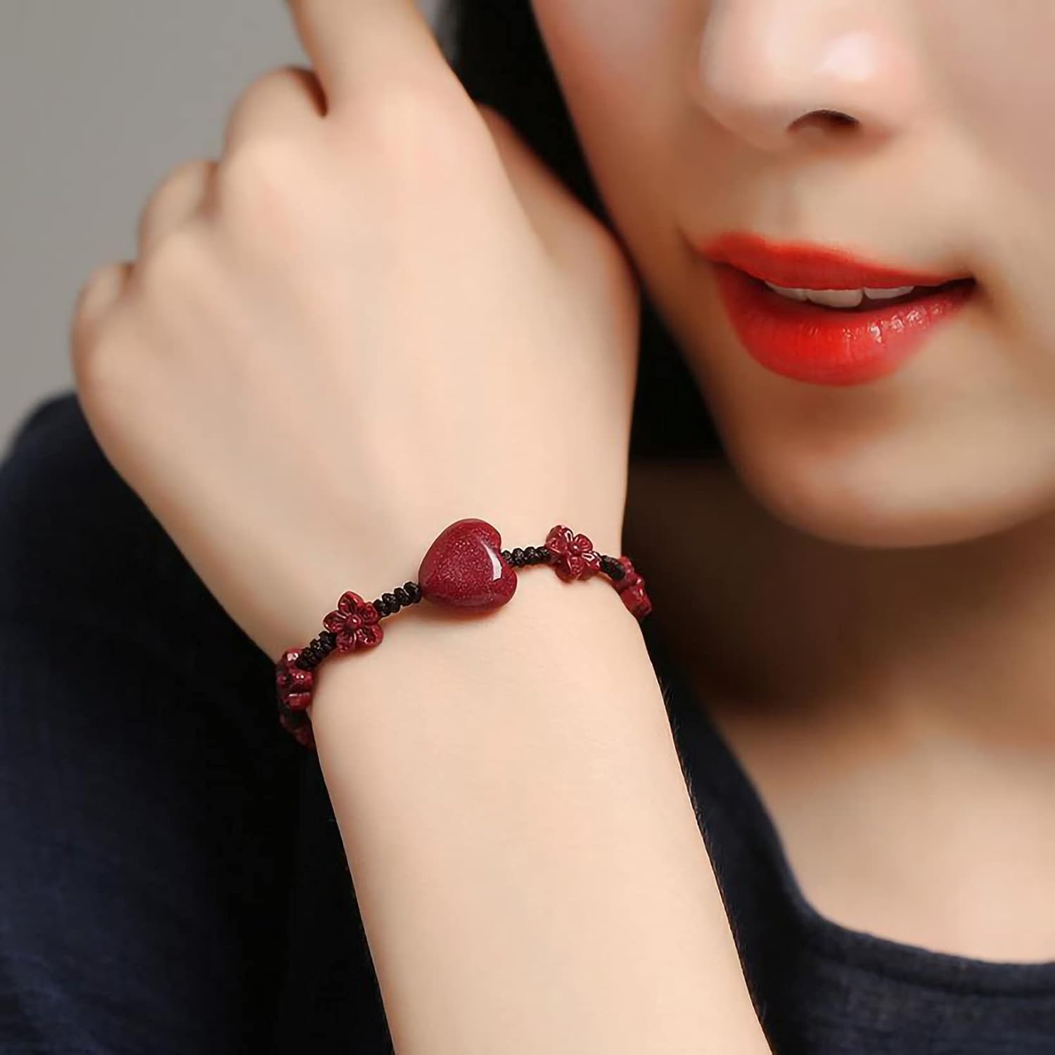 Natural Cinnabar Bracelet, Adjustable Handmade Braided Rope Prosperity Flowers Good Lucky Red Heart Shaped Charm Bracelet for Women Men