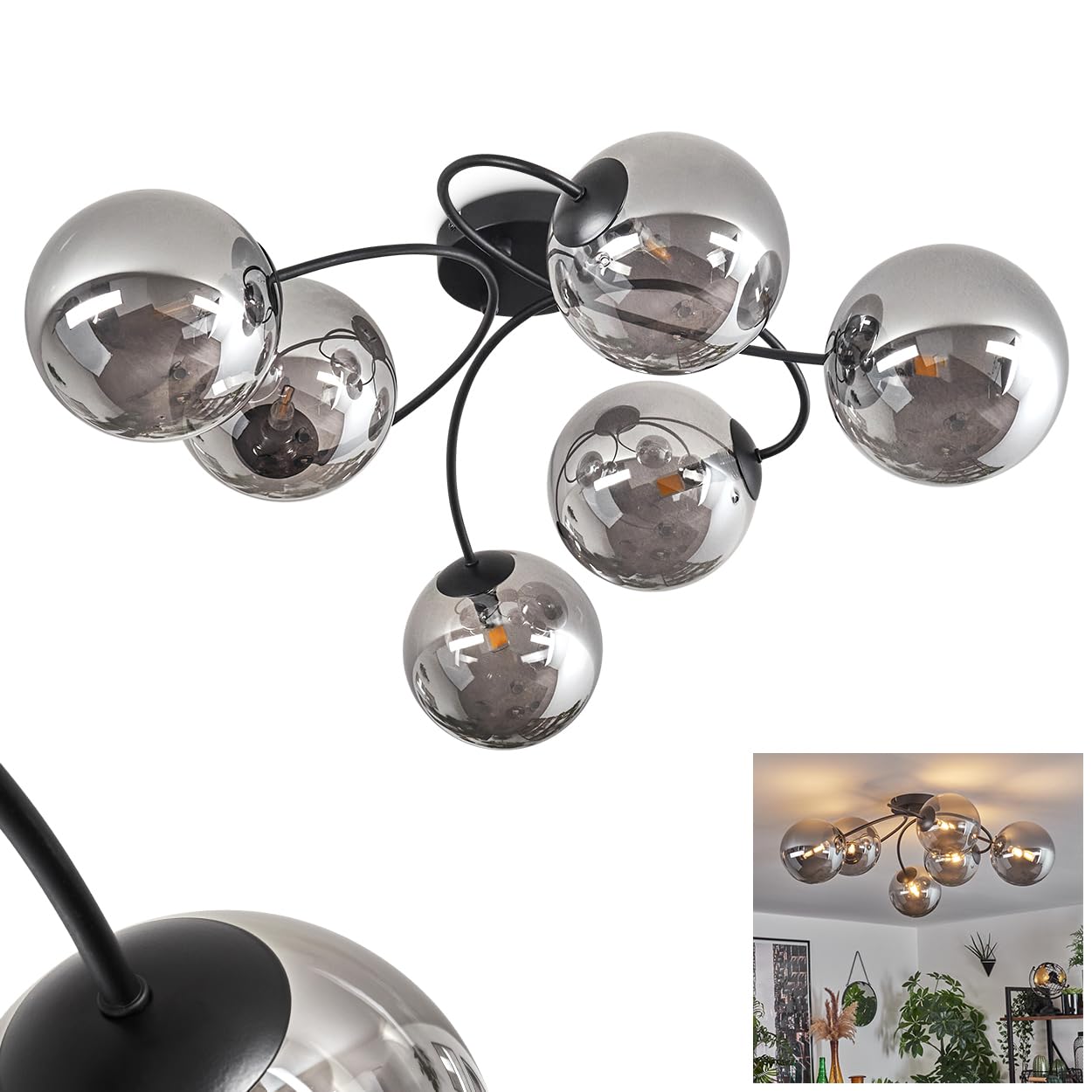 Hofstein Light/Black Chehalis Ceiling Ceiling Lamp Made Of Metal/Glass In Black/Smoke Colours, Luminaire In Modern Retro/Vintage Design With Glass Shades (Ø 15 Cm), 6 X G9, Without Bulbs