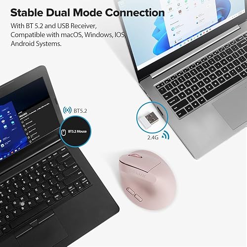 Miniatura 4 de DeLUX Mouse ergonómico inalámbrico para manos pequeñas, mouse vertical recargable, ligero, 4000 DPI, 6 botones, 2.4 G+BT5.2 modo dual para túnel