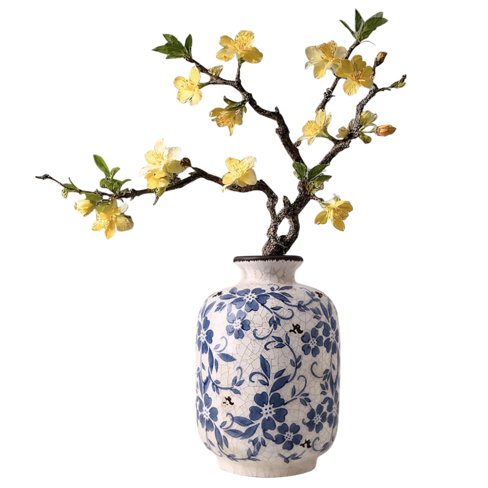 Jarrones Chinos Porcelana Blanco y Azul, Jarrones Decorativos Pequeños de Cerámica, Jarrón Flores Vintage Hecho a Mano con Grieta Esmalte para Decoración del Hogar, Oficina 12.5 x 18.5 cm (S)