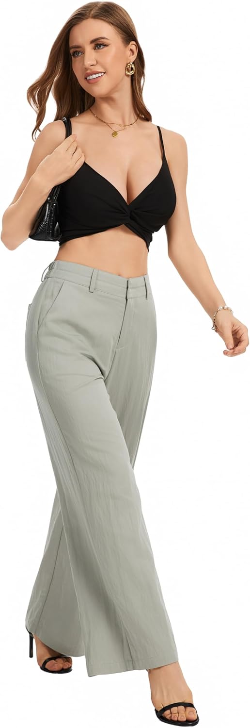 Womens Wide Leg Pants Casual High Waisted Stretchy Double Waisted Work Dress Pant - Image 3