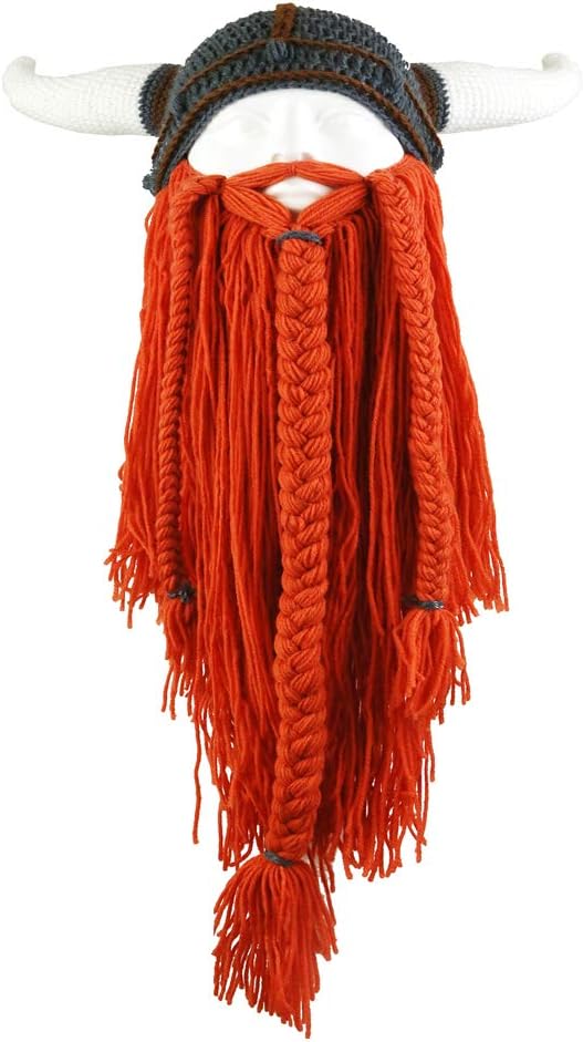 YEKEYI Men Funny Hat Viking Beard Beanie Horn Hat Long Beard Hats Winter Knit Wool Warm Cap