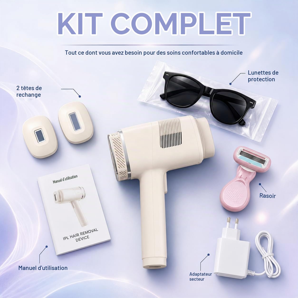 Épilateur IPL à lumière pulsée avec refroidissement, 21J 9 niveaux, 3-en-1 avec 2 embouts magnétiques pour le visage, les aisselles, les bras, les jambes et le maillot, pour femmes et hommes