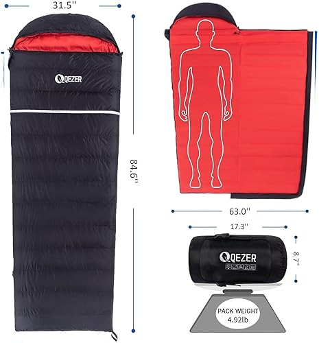 Miniatura 2 de QEZER Saco de dormir de plumón para adultos 0 F 10 F 17 F 26 F 32 F 600 relleno Power Down saco de dormir ultraligero para clima frío con saco de