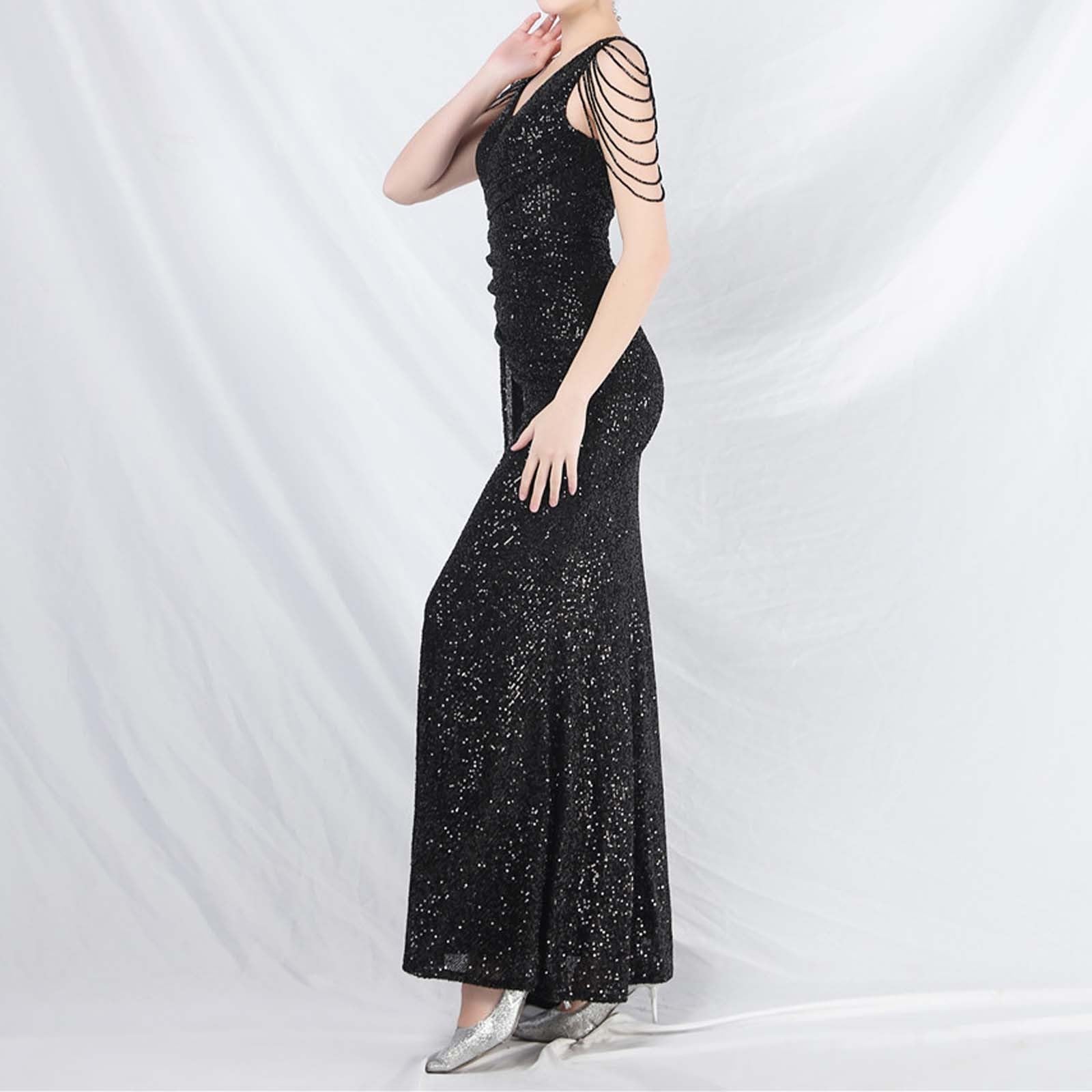 Abito da ballo da donna vintage con paillettes, in rete, con scollo a V, sexy, schiena scoperta, estivo, comodo, elegante, per il tempo libero, feste, abito da sera avvolgente