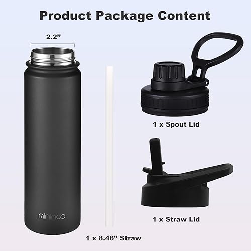 Miniatura 4 de mininoo Botella de agua aislada de acero inoxidable con popote y tapa para deportes, 24 onzas, color negro