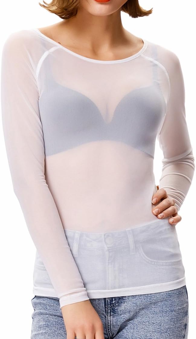 Kate KasinWomen's Basic Long Sleeves Mesh Sheer Tops