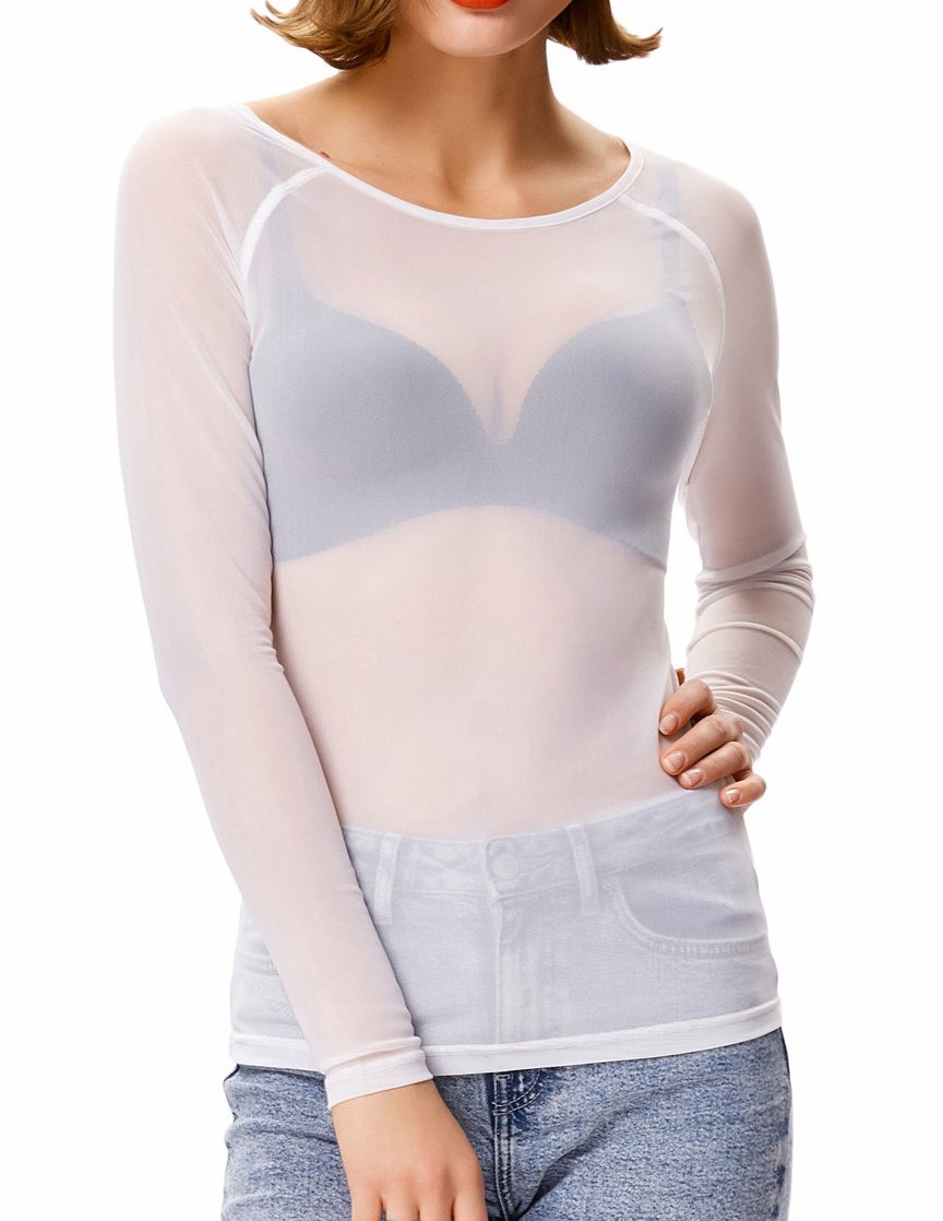 Kate Kasin Women's Basic Long Sleeves Mesh Sheer Tops, Ivory, Medium
