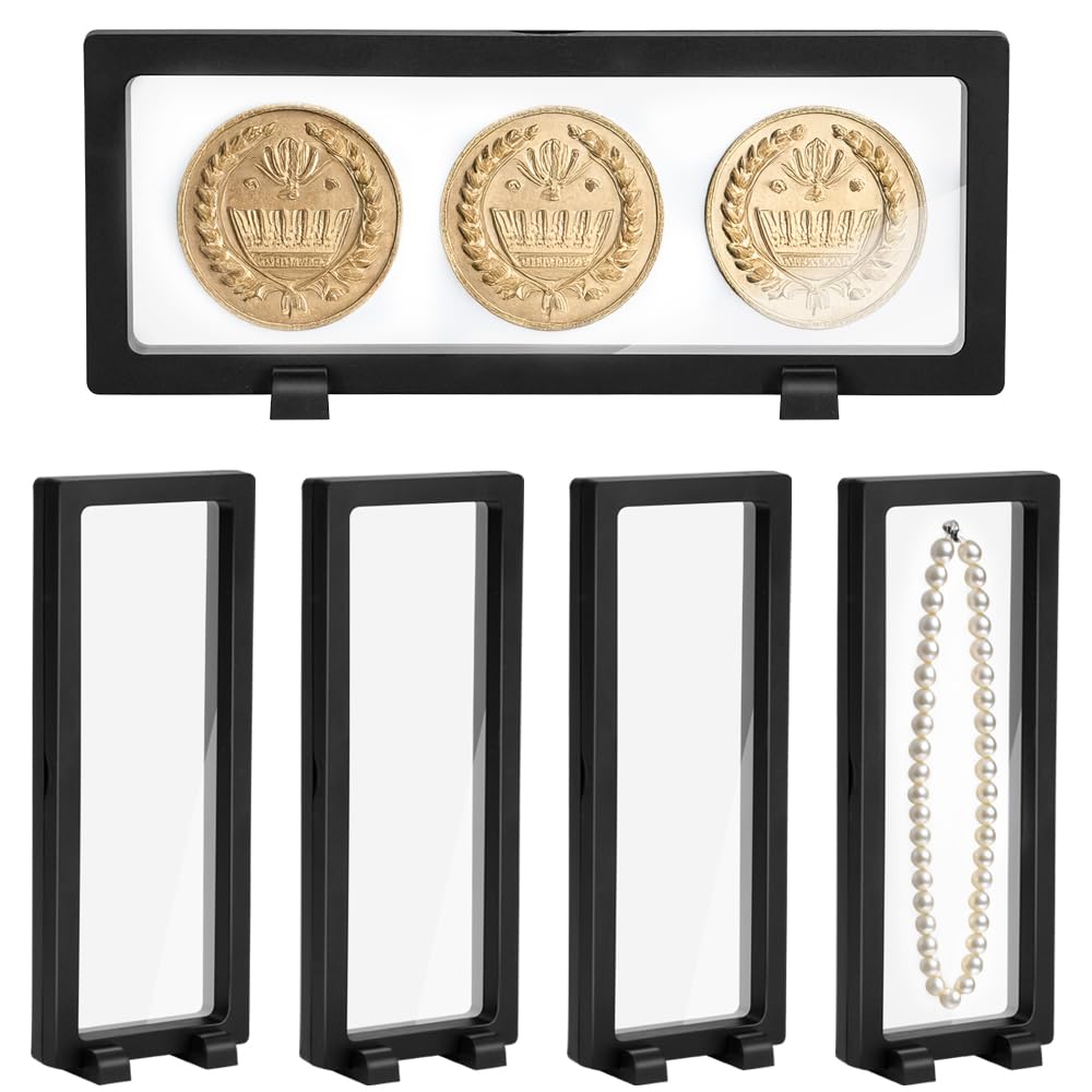 5 szt. przezroczystych 3D pływających etui z 10 uchwytami – czarna ramka na monety na medale AA, biżuterię, muszle, skamieniałości (230 x 90 x 20 mm)