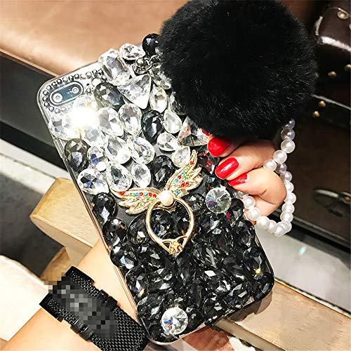 Case for LG Stylus 2,3D Handmade Angel Ring Kickstand Fluffy Ball Sparkle Crystal Rhinestone Diamond Case for LG Stylo 2/Stylo 2 Plus MS550/LG LS775(C Angel Black)