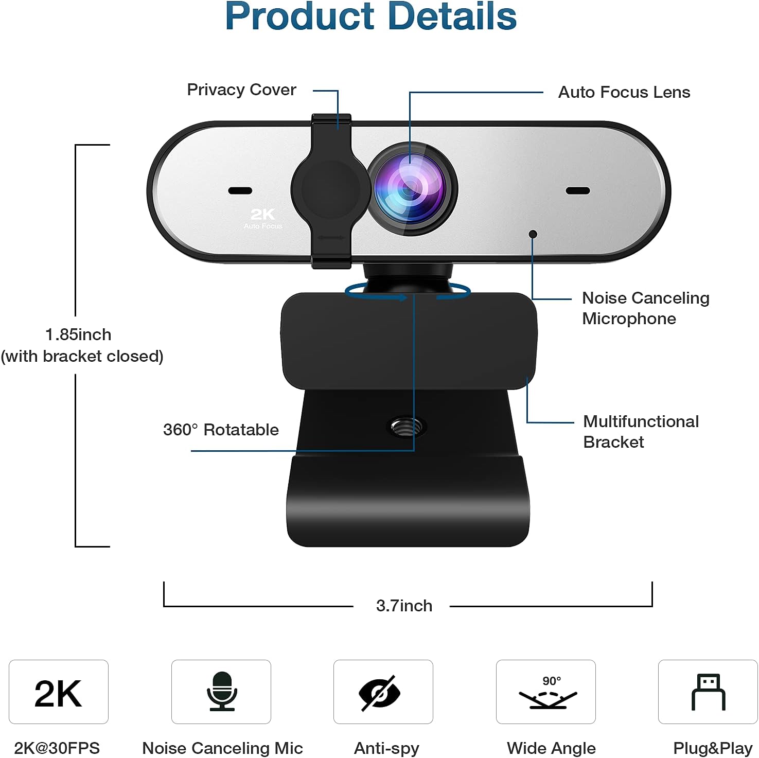 2K Webcam, Full HD Webcam for PC, Web Camera with Microphone, Tripod, Auto-Focus, Privacy Cover, USB, for Live Streaming & Video Conferencing