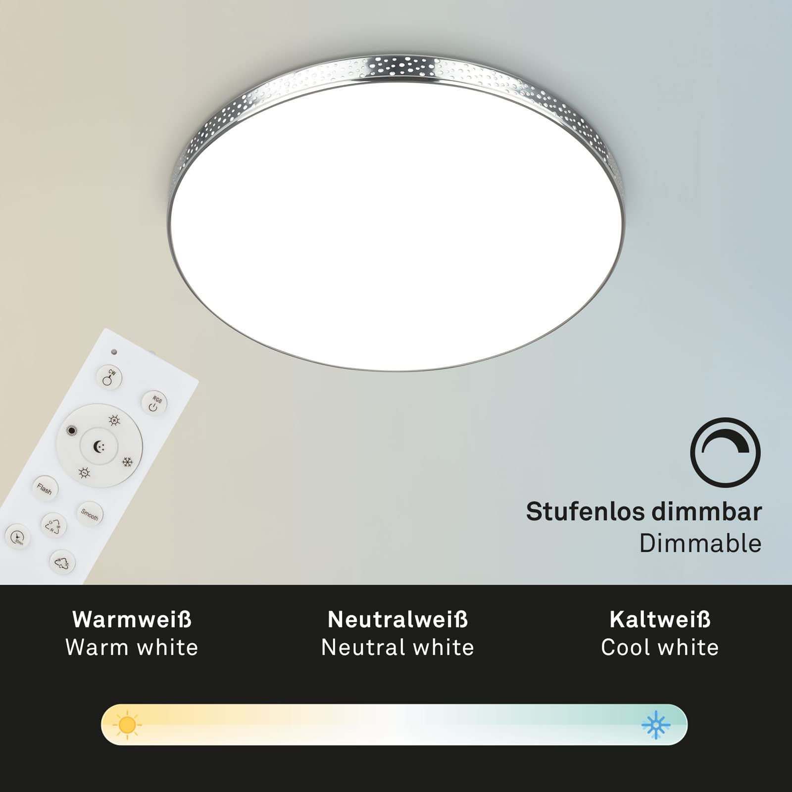 BRILONER - Lámpara LED de techo efecto brillo, lámpara de baño RGB, lámpara de baño LED IP44, temperatura de color regulable, cromo, 355x65 mm (DxH)