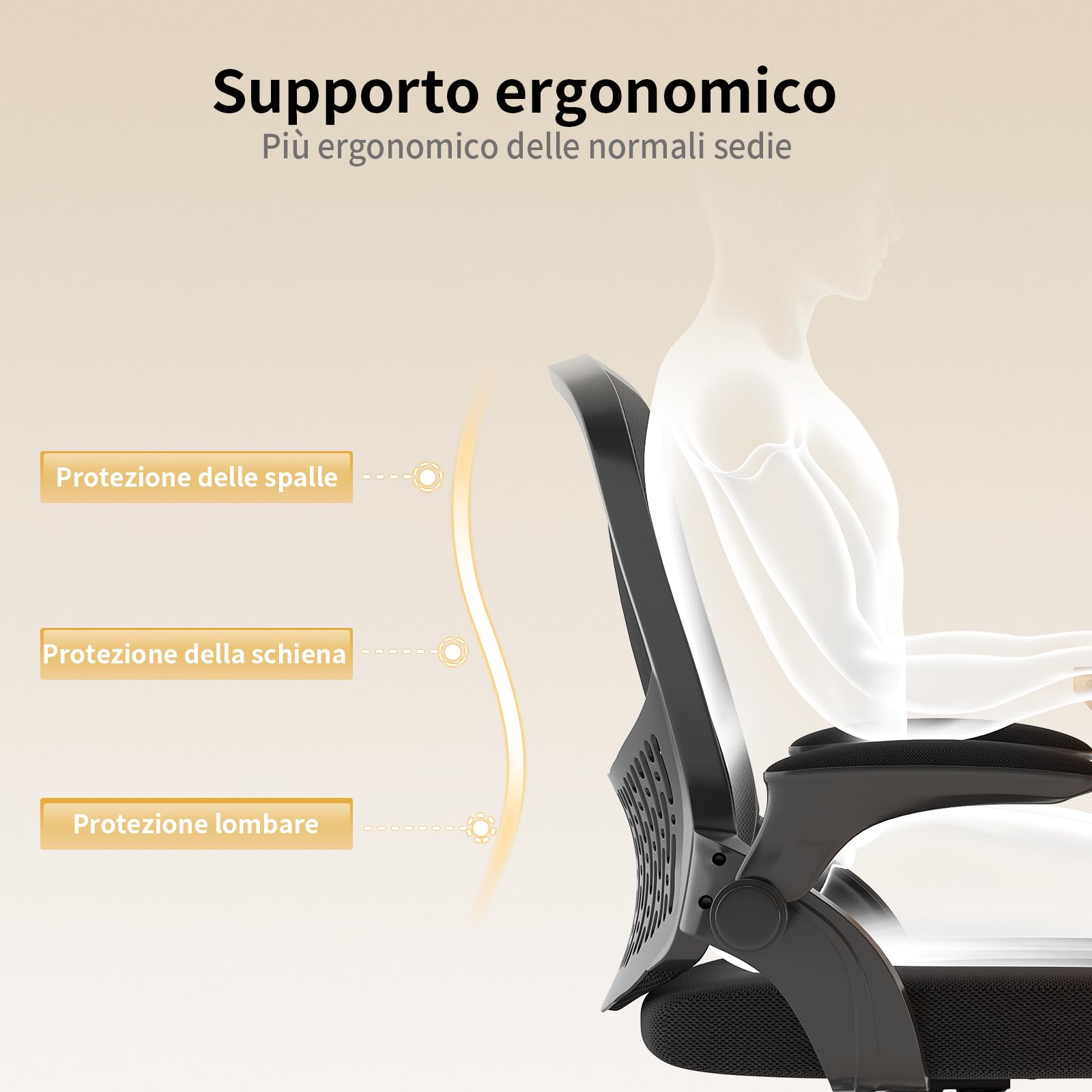 naspaluro Sedia Ufficio,Sedie Scrivania Ergonomica Con Braccioli Ribaltabili a 90°,Poltrona Ufficio Ergonomica lombare, Rivestimento in Rete Traspirante, Sedia Girevole a 360° Con Funzione Swing,Nera