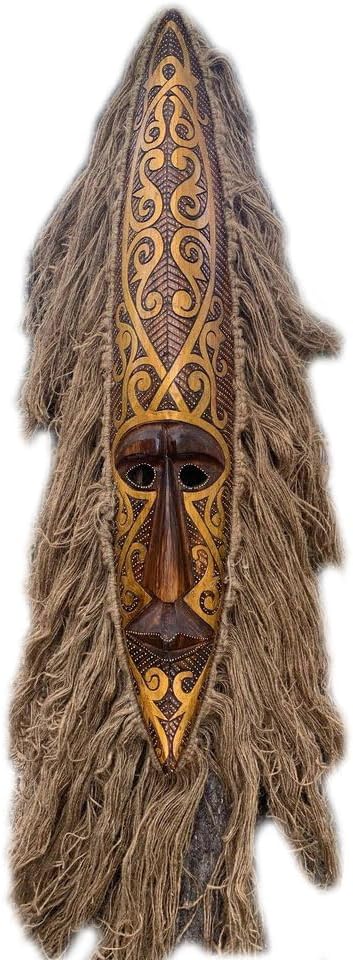 Tribal Maori Primitive Tiki Wood Tropical Wall Mask with Burlap Hair 40”x 7”