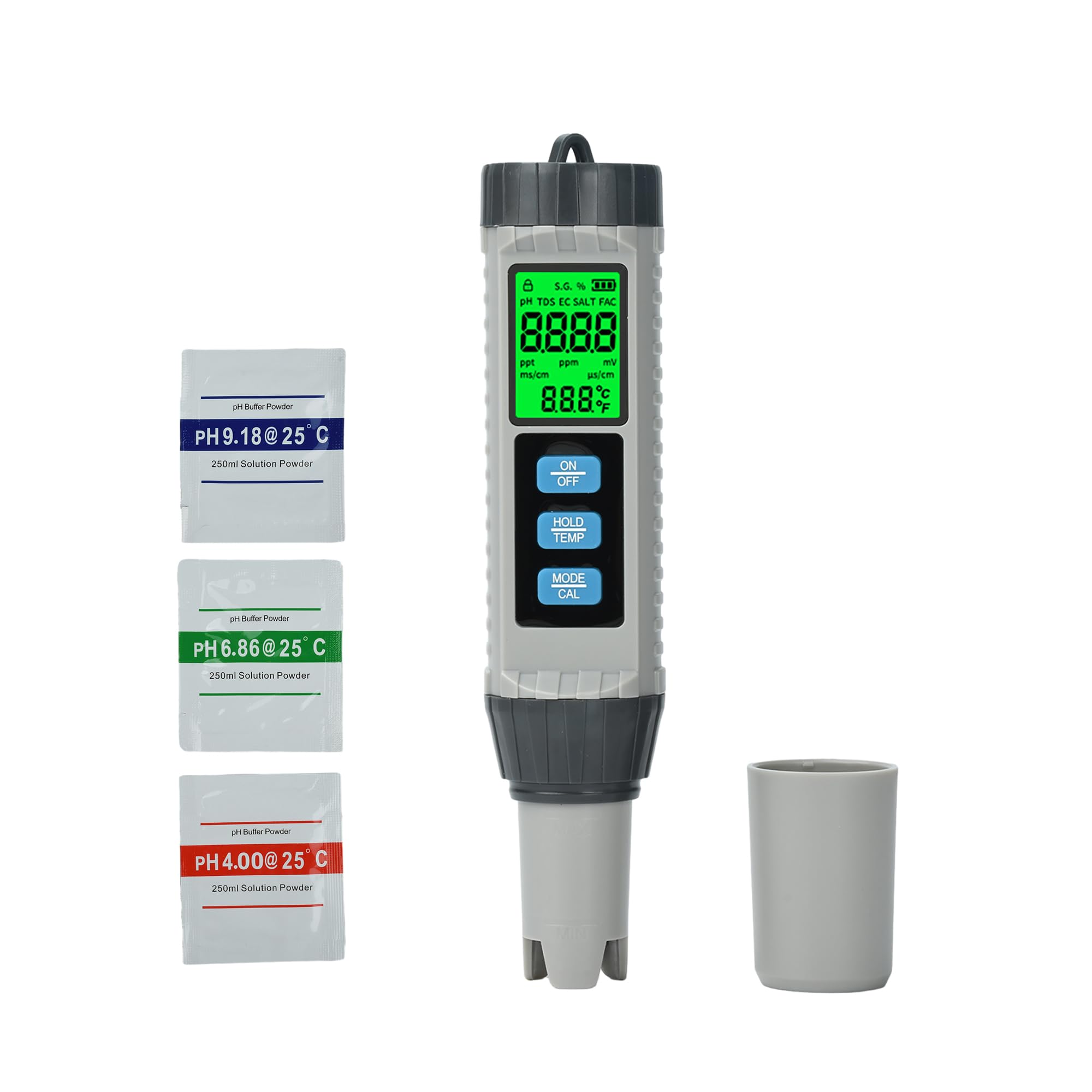 Medidor de Cloro y pH Digital 8 en 1, Tester de pH y Cloro para Piscina, Comprobador de TDS, EC, S.G, Salinidad, ORP y Temperatura con Pantalla Retroiluminada y Compensación Automática