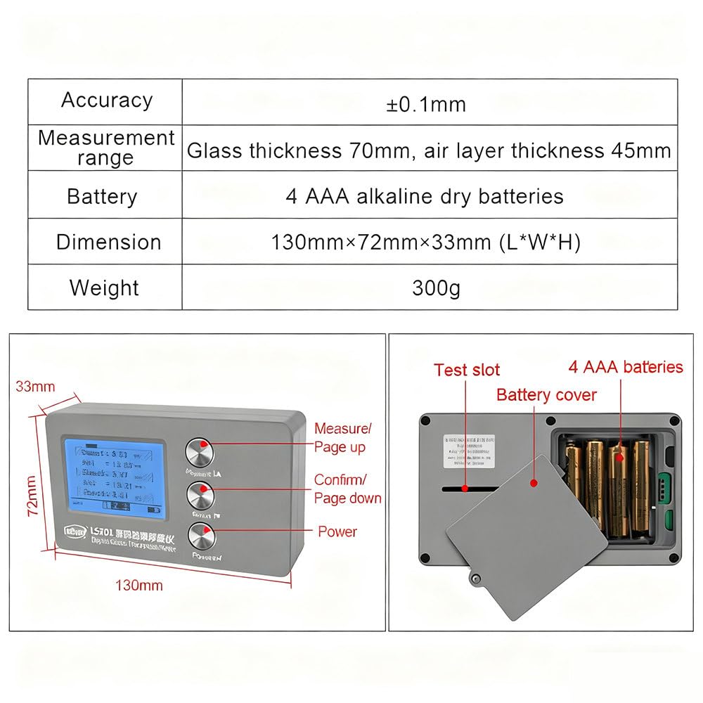 Medidor de grosor de vidrio, medidor de mano con principio óptico para vidrio laminado y aislado, mide hasta 70 mm y espacio de aire, medidor de pared pesado