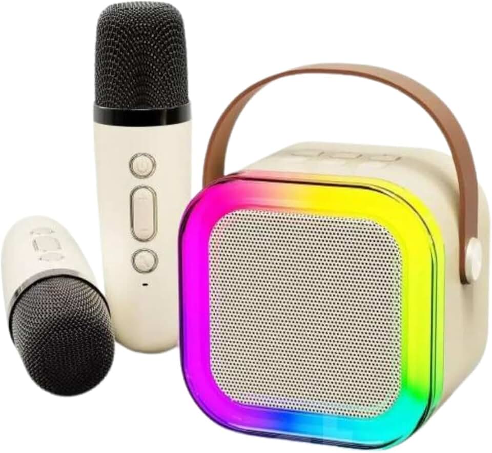 Kit de Karaokê Portátil com Alto-falante LED RGB, 2 Microfones sem Fio, Bluetooth, Bege, Recarregável e Modos de Voz Divertidos - Diversão Musical para Crianças e Adultos! D7 Store (BEGE)
