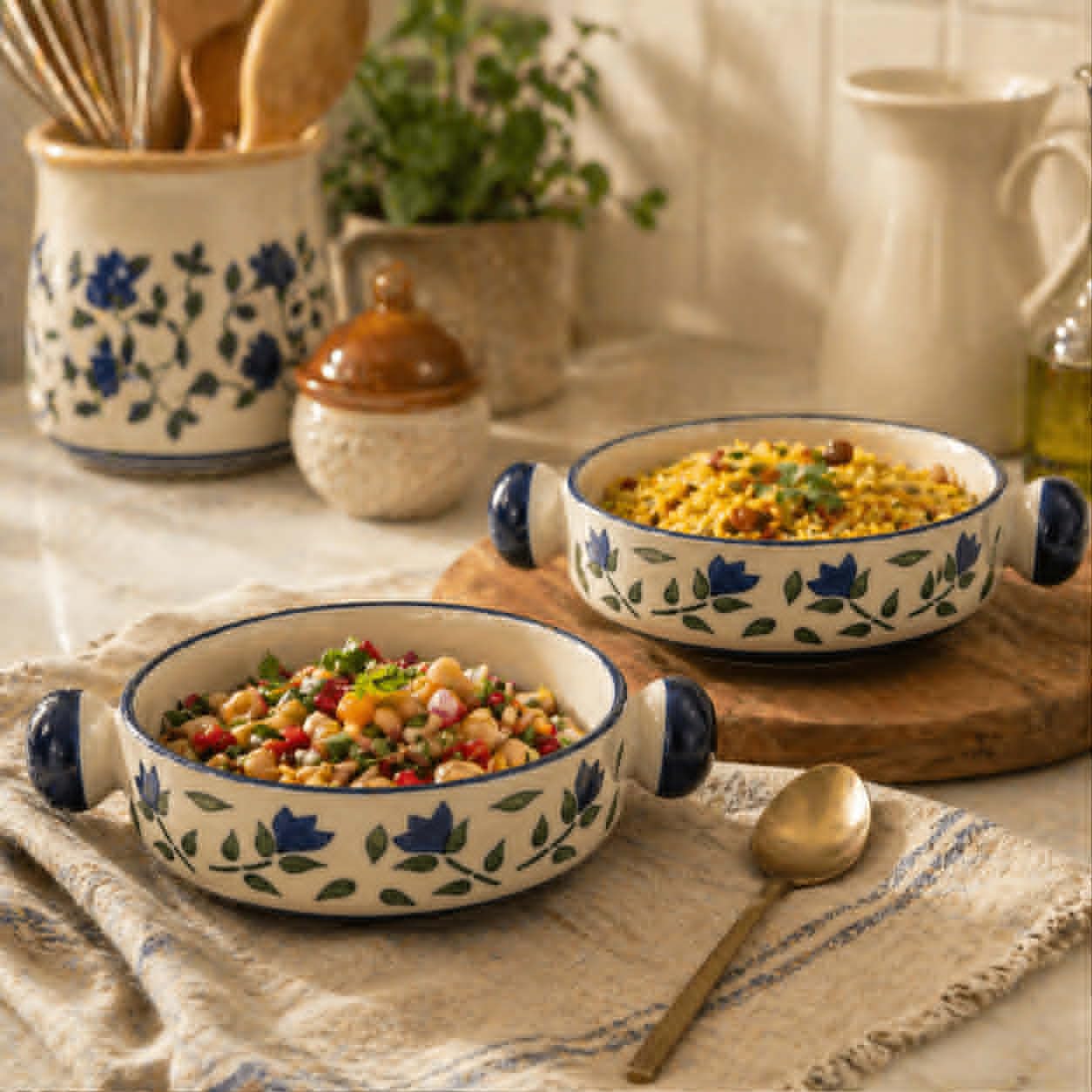 Lupaava Handmade Ceramic Bowl Set of 2 | Printed Serving Bowls for Soup, Snacks, Dessert & Cereal | Microwave & Dishwasher Safe Kitchen Bowls (Multicolor) (Blue)-image-12