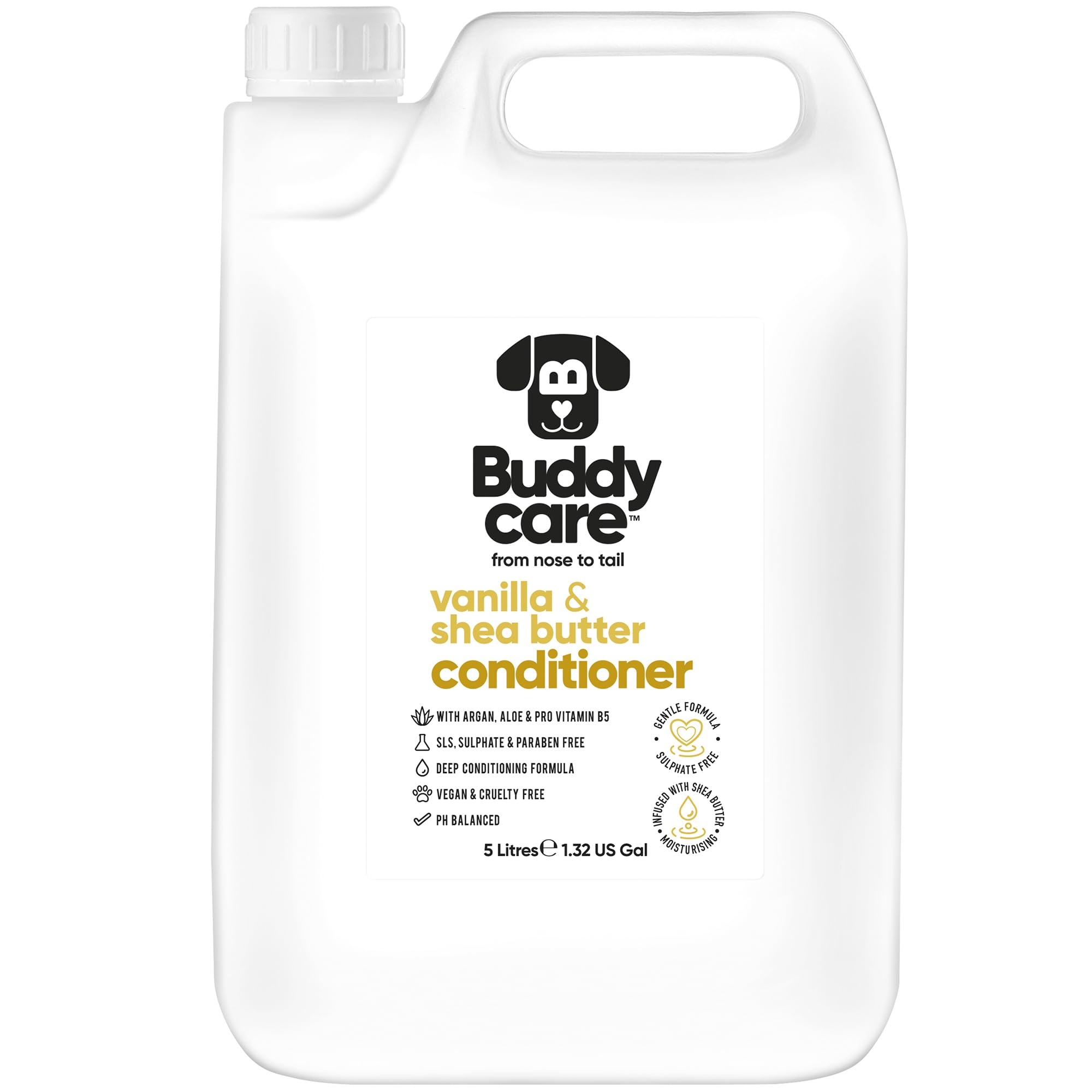 Buddycare Vanilla & Shea Butter Dog Conditioner (5L) Aloe Vera, Argan Oil & Pro Vitamin B5 to Detangle Matted Coats & Relieve Sensitive & Itchy Skin, Suitable for Puppies from 8 Weeks, Vegan