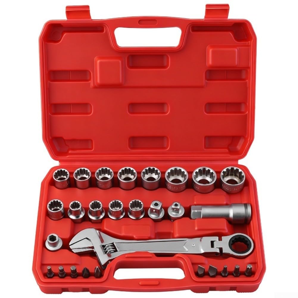 Set di chiavi a bussola a cricchetto da 28 pezzi, 10-24 mm, in acciaio al cromo vanadio, design 3 in 1 con PH SL per punte TORX per riparazioni in spazi ristretti