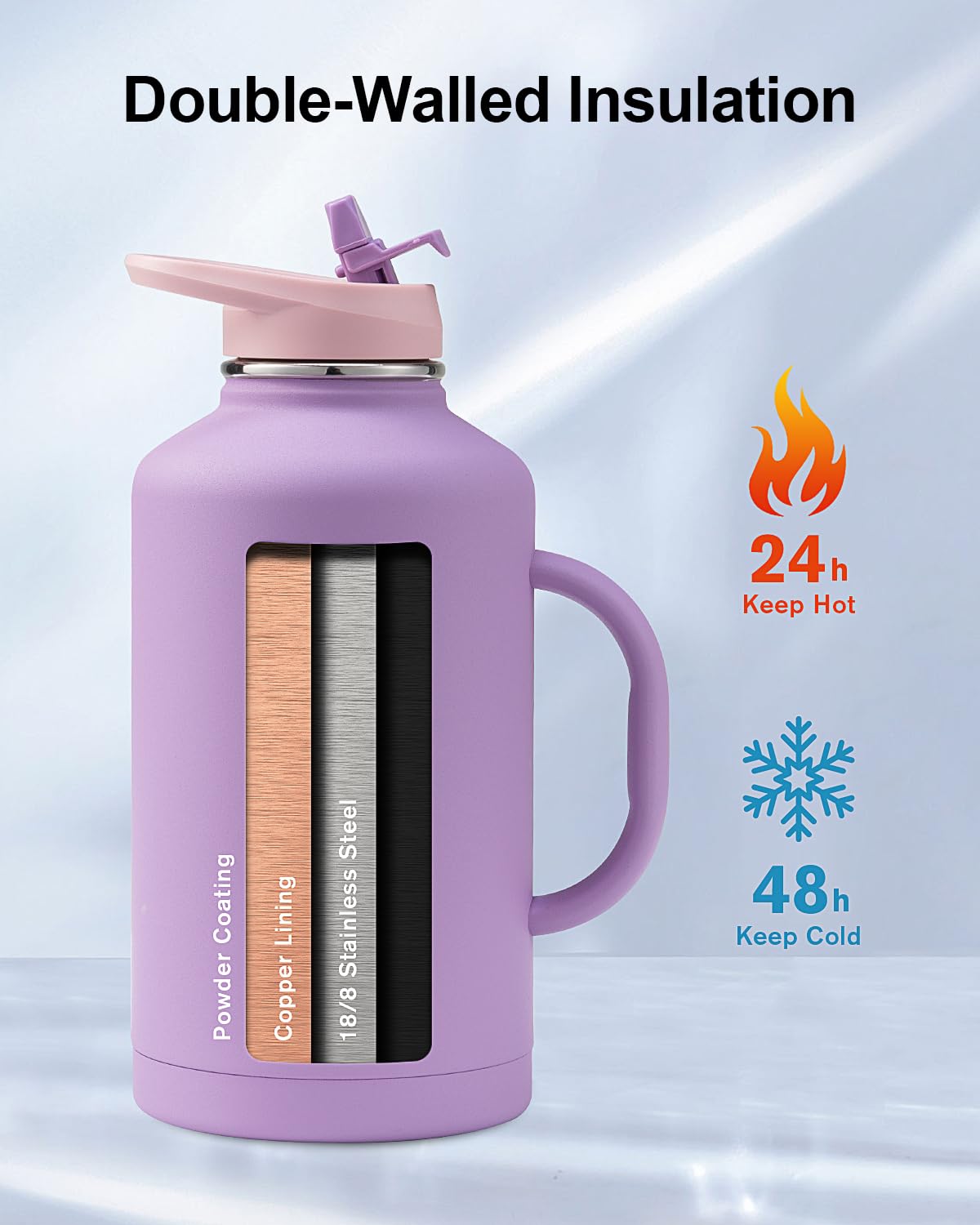 Trebo Stainless Steel Bottle - 2L Large Size, Double Wall Insulated Sports Bottle, Wide Mouth, Keeps Cold Water for 48 Hours, Purple - Image 2