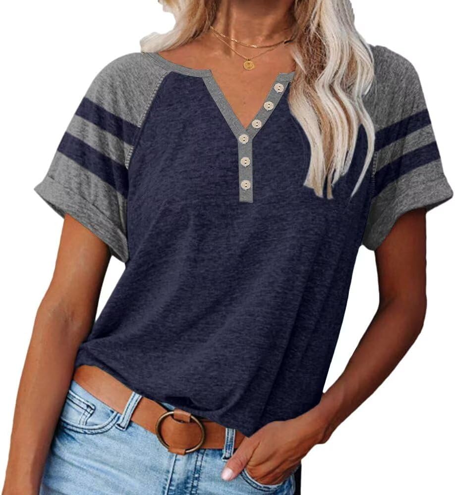 Women Henley Raglan Short Sleeve Tops Color Block Summer Tee Shirts Button Down Y2K Casual T-Shirts