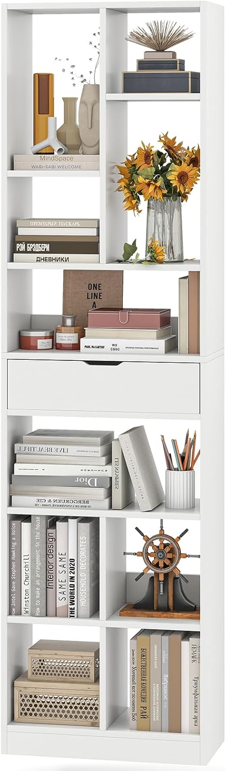 Image of Libreria Alta 180 cm con Cassetto, Libreria Moderna con 10 Cubi Aperti, Scaffale da Terra con Kit Antiribaltamento per Soggiorno Camera da Letto Studio