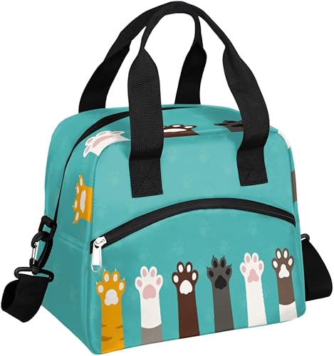 Cute Cat Paw Print Insulated Lunch Bag for WomenMen Lunch Box with Adjustable & Removable Shoulder Strap Cooler Bag for Boys Girls Reusable Tote