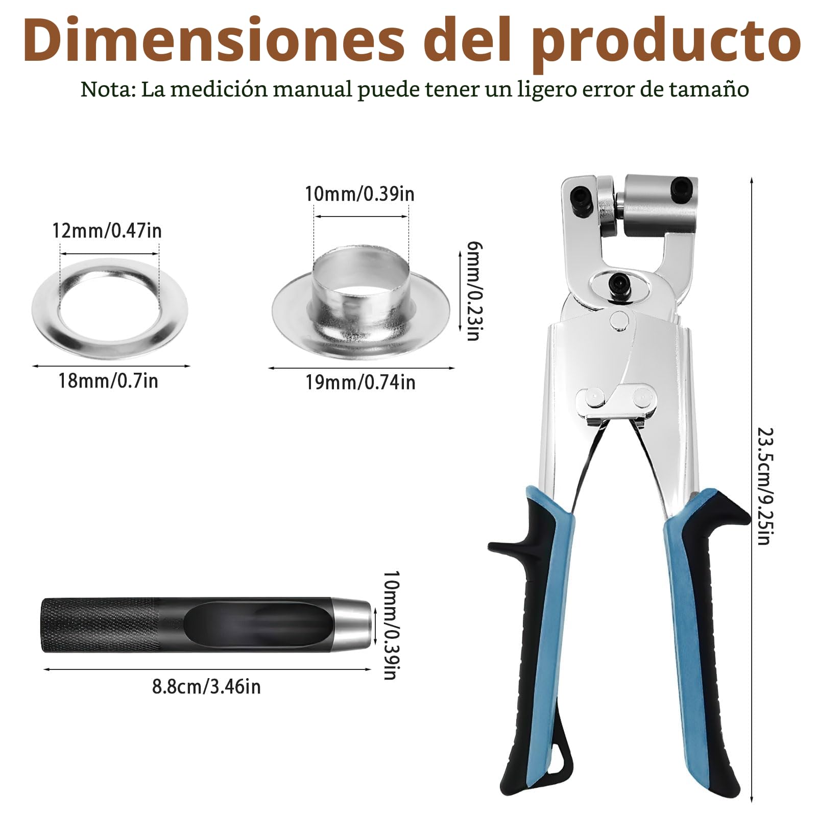 Remachadora para Ojales con 400 Ojetes Metálicos Metálicos (Ø10mm), Alicates de Ojales, para lonas, PVC, Prendas de Vestir y Bolsas(Con 1 Perforadora)