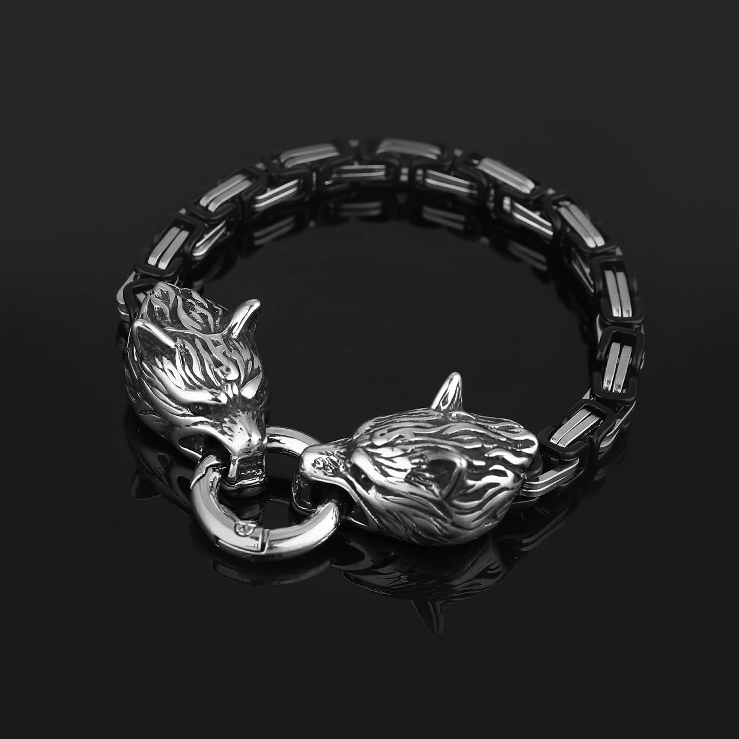 7-9 inch Mens Stainless Steel Black Silver King Chain Norse Viking Fenrir Wolf Head Byzantine Bracelets Link Chain Accessories | Personalized Gift ID, Chain or Cuff Bracelet for Men or Woman