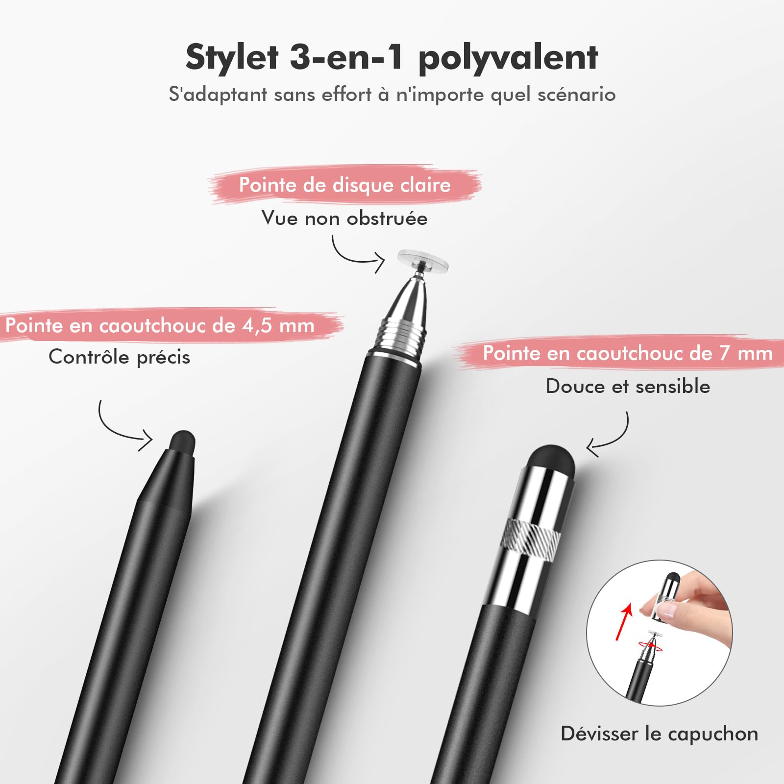 Stylet Tablette MEKO 3 en 1 pour iPad Samsung Smartphone Switch, Haute Précision avec 10 Embouts de Rechange (Noir + Or Rose)