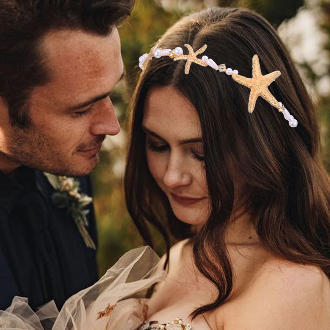 Amazon.com : BARTOSI Starfish Headband Gold Pearl Bridal  display picture 1