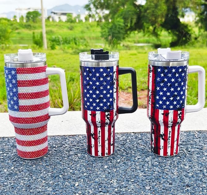 40 Oz Water Bottle for Stainless Steel Tumbler with Handle, Travel Mug - USA Flag Double Insulated Coffee Travel Mug - Full Bling - Image 7