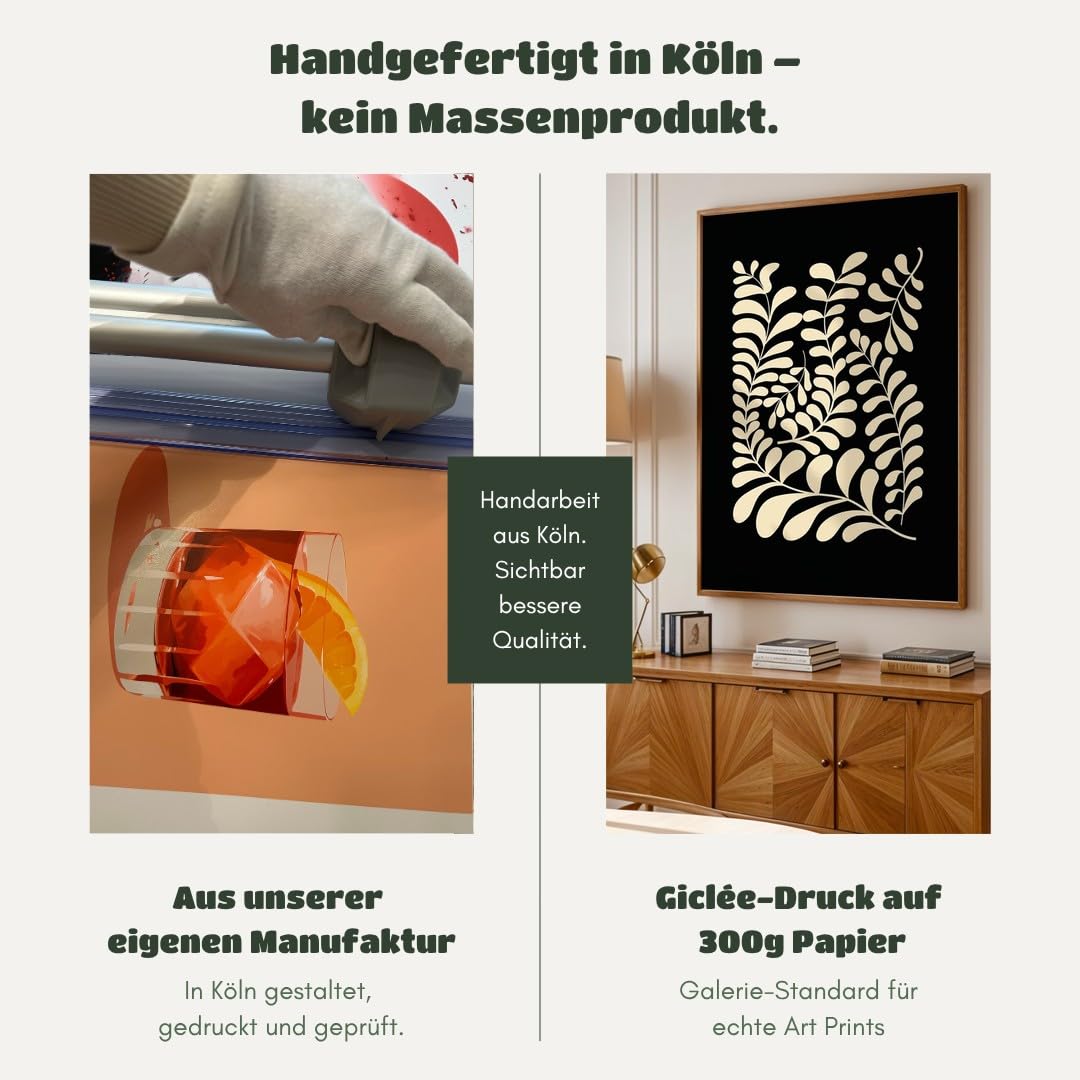 MJ-GRAPHICS® Poster Blätter Kunstdruck minimalistisch Wandbild Beige Wohnzimmer Deko modernes Design Pflanzen Wohndeko inspirierende Wanddeko elegantes Flair A2 mit schwarzem Rahmen
