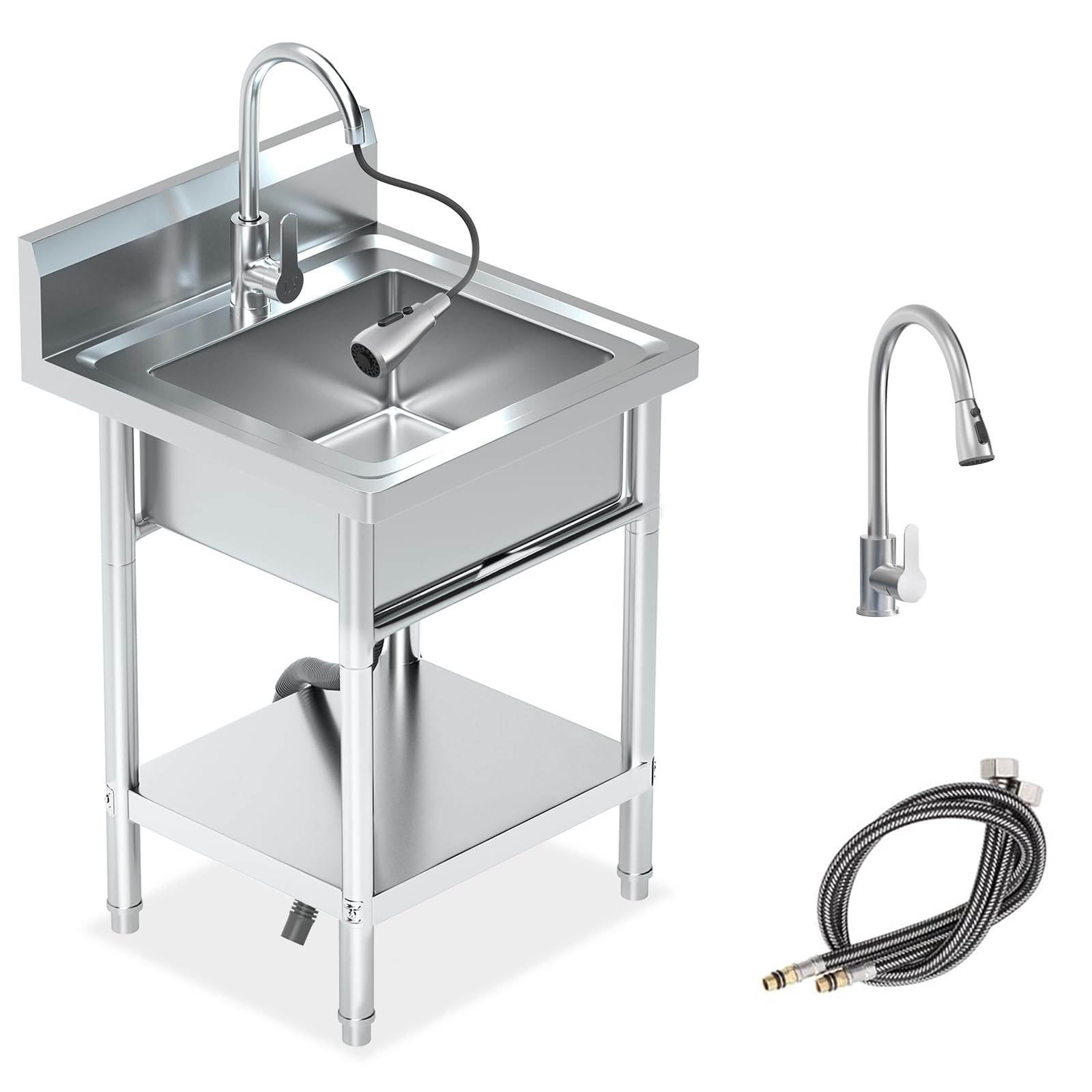 Stainless Steel Utility Sink, Commercial Single Bowl with Hot &amp; Cold Water Lines, Drain Kit + Base Plate for Kitchen, Garage, Laundry