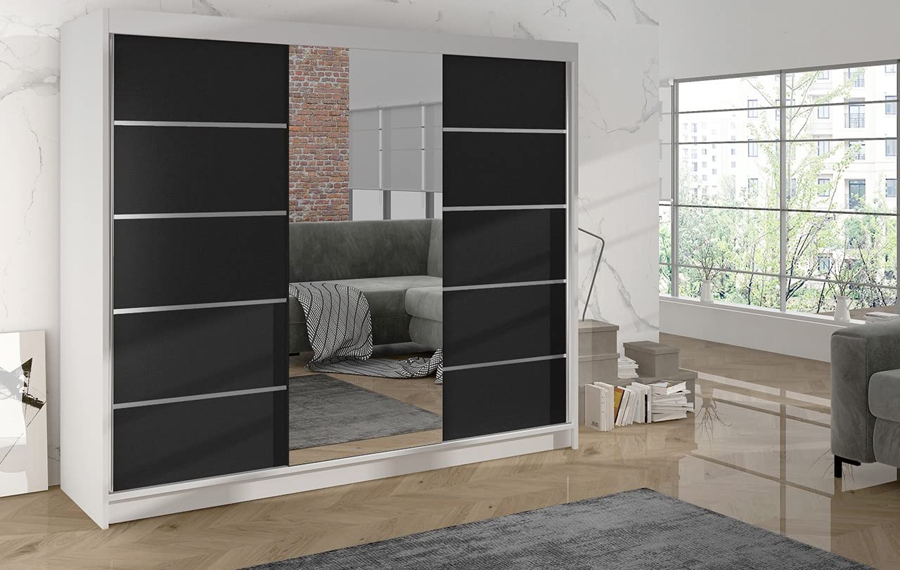 ML Furniture Astra Szafa z drzwiami przesuwnymi, czarno-biała, 200 cm, lustrzana, szafa do sypialni, z drążkiem na ubrania, zestaw mebli do sypialni, 200 x 215 x 58 cm