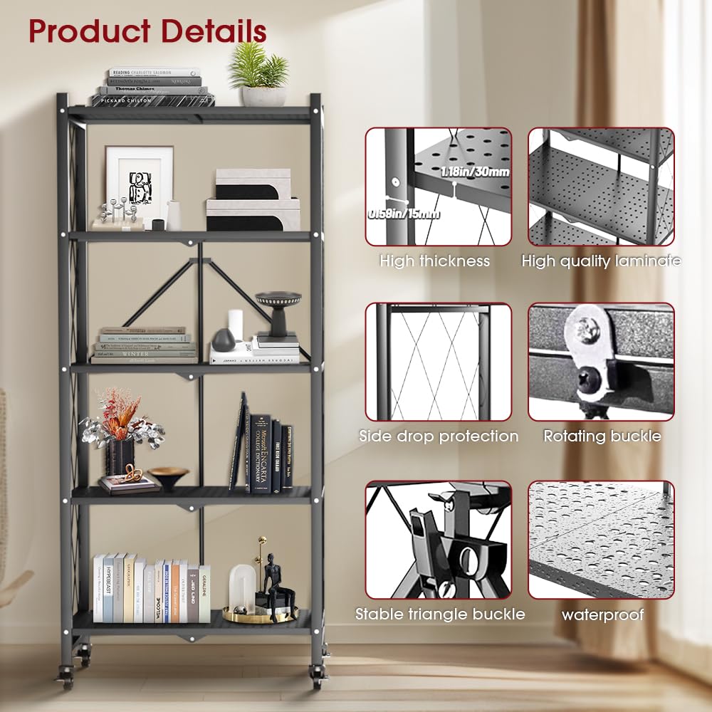 Scaffale Pieghevole A 5 Ripiani Con Ruote – Metallico, Capacità 272 Kg, Montaggio Istantaneo (5 Secondi), Per Cucina, Garage, Bagno, Bianco - 3