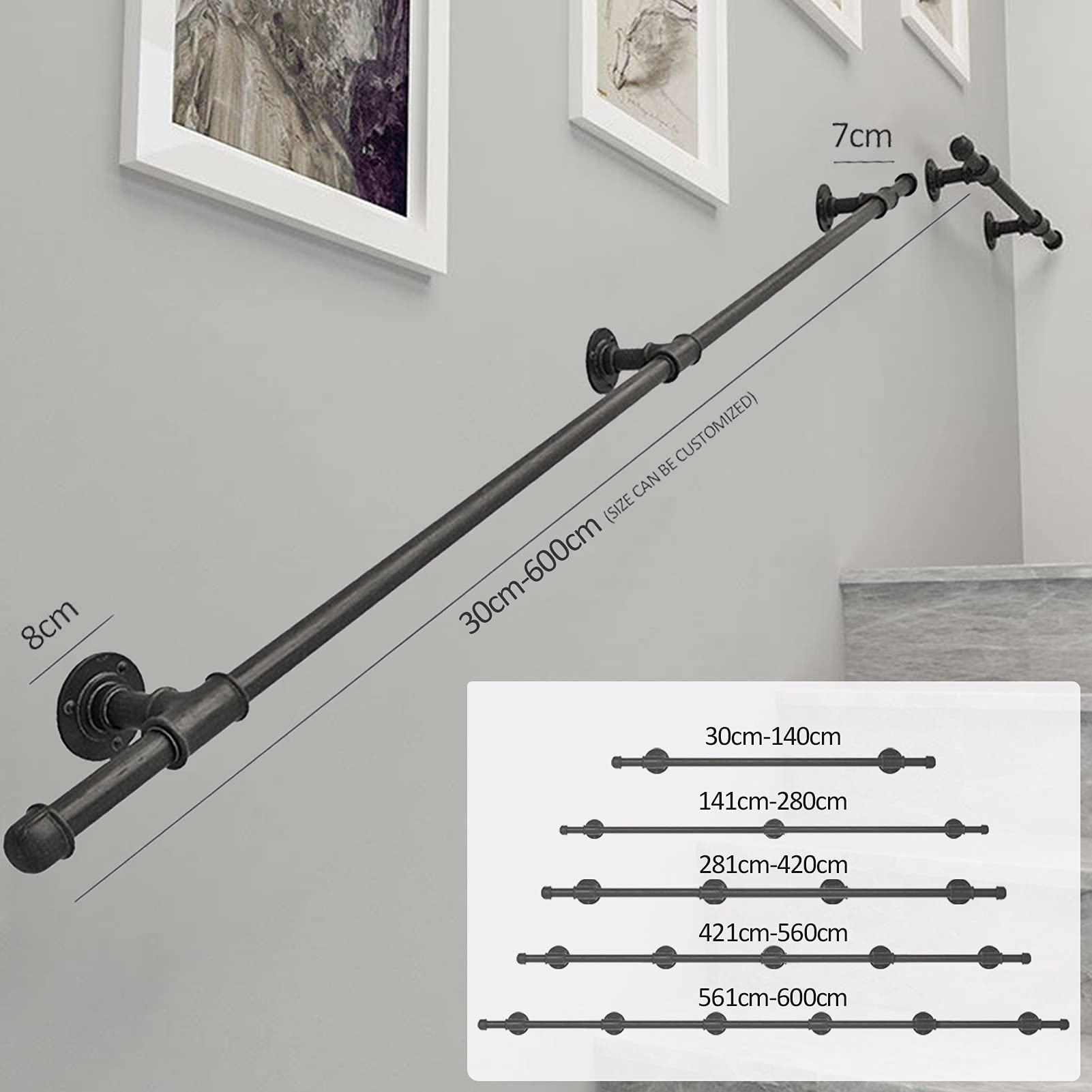 Geländer-Set für drinnen und draußen, 7,8 m, schwarzes Eisengeländer mit verstellbaren 30 cm6 m Wandhalterungen und Metallschrauben, ideale Treppen-Sicherheitslösung, langlebiges und stilvolles Design