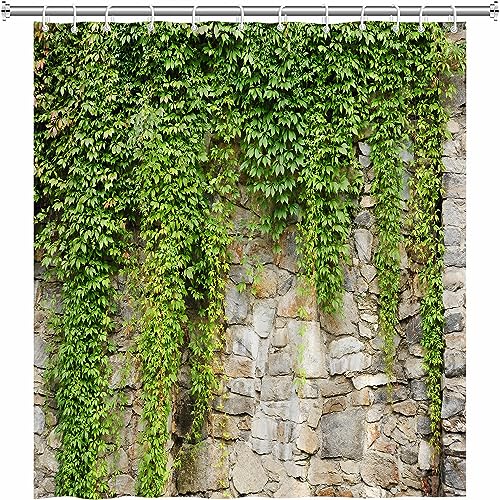 ZZYSKS Stone Brick Wall Shower Curtain Green Leaves Garden Landscape Nature Plant Scenery Rustic Marble Rocks Stone Wall Christmas Bathtub Curtains Fabric Bathroom Accessories with Hooks 70Wx70H Inch