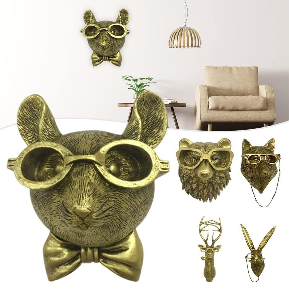 Decorazione da parete con testa di animale, decorazione da parete con testa di cervo, decorazione da parete con testa di cervo/coniglio/topo/orso/volpe in resina di rame antico, decorazione da parete