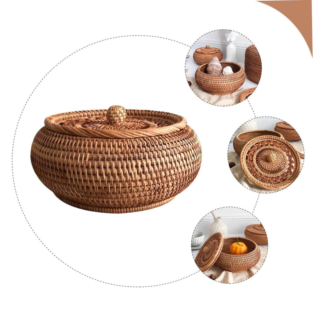Cestino Porta Dolci in Rattan Intrecciato a Mano Coperchio Ventilato, Robusto e Versatile per Conservazione di Snack e Frutta in Studio o Camera da Letto