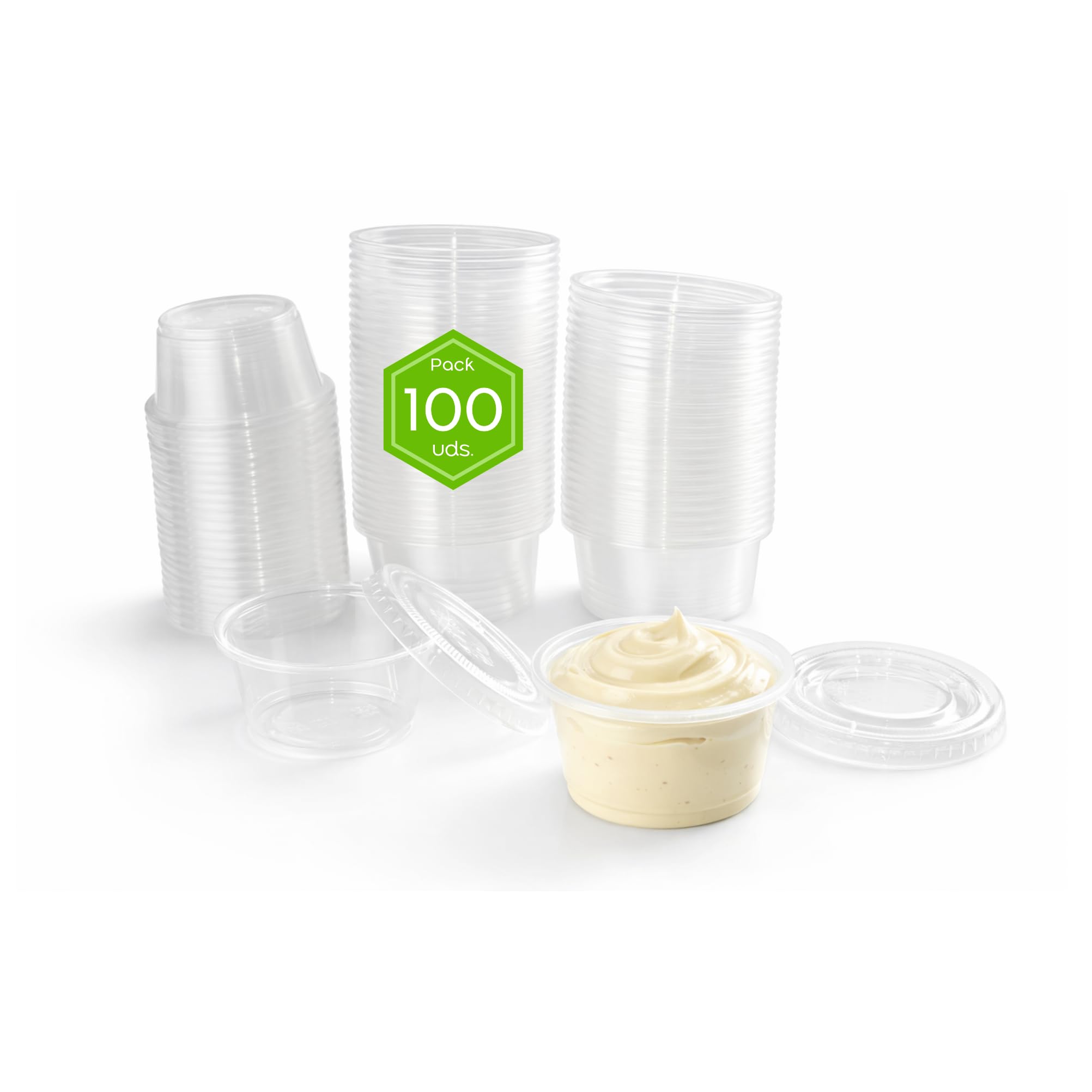 Salseros Plástico PET Transparente con Tapa – Mini Tapers de plástico 30ml 60ml 100ml – Envases Salsa Individuales Pack 100 300 1000 Unidades para Take Away Hostelería