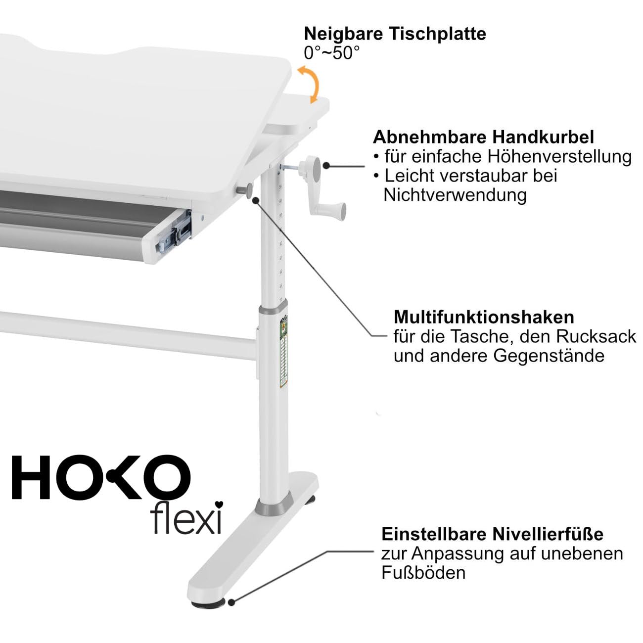 HOKO Kinderschreibtisch höhenverstellbar, Schreibtisch Kinder 120x60 cm | Kinderschreibtische mit 80x40 cm neigbare Tischplatte & Schubladen, Jugendschreibtisch für Kinder ab 6 Jahren, Weiß, ELIN