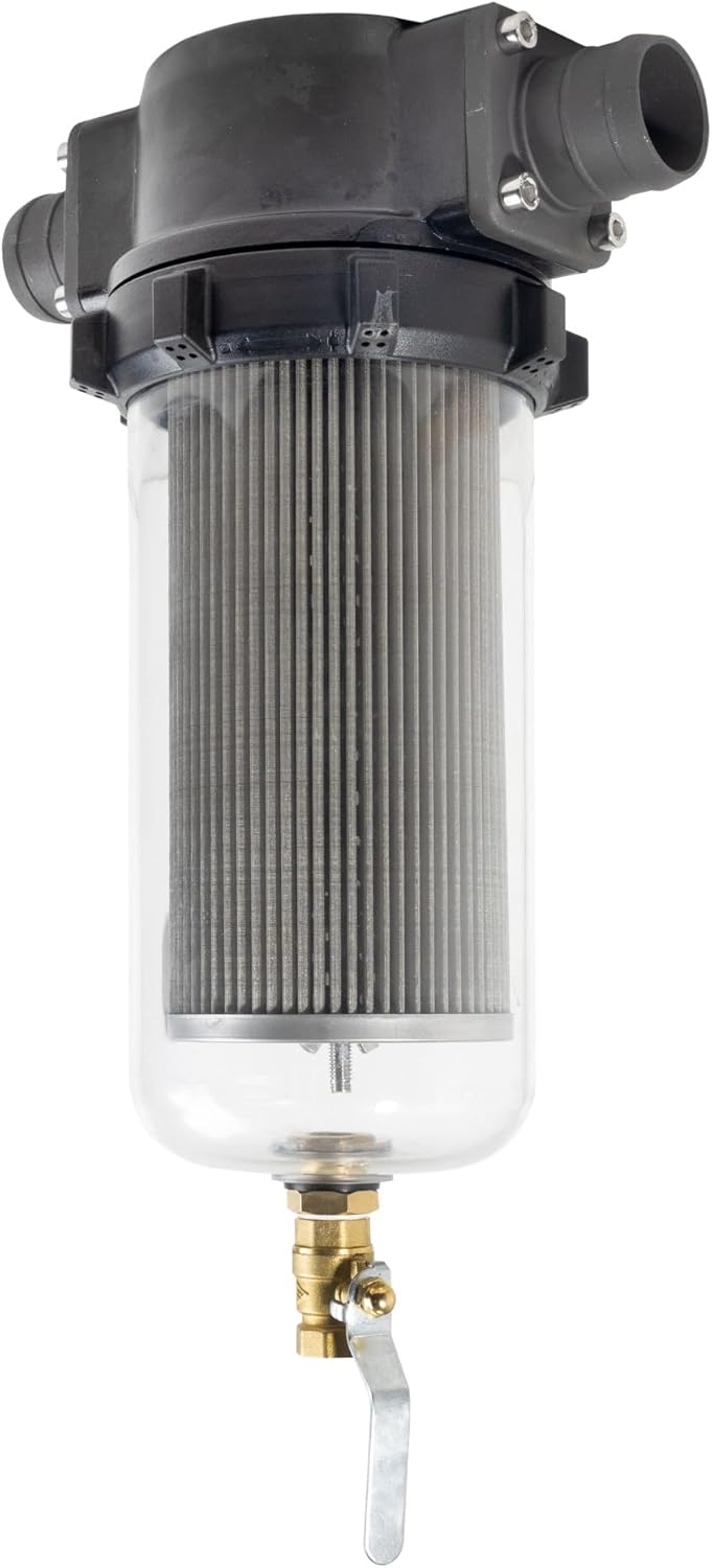 CANPUMP 2-in High Flow Stainless Steel Water Inlet Filter – 52.8 GPM, 87 PSI, Aluminum Alloy Head, Clear Housing, Built-in Brass Drain Valve, for Industrial Pumps and Irrigation Systems