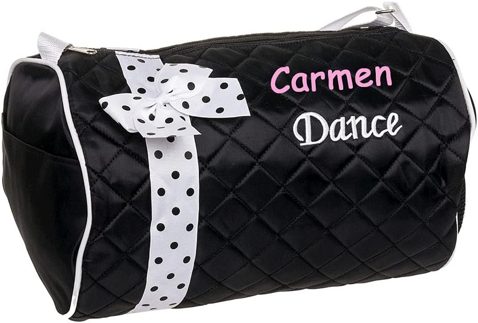 Personalized Quilted Black and White Polka Dot Dance Duffel Gym Bag with Custom Name